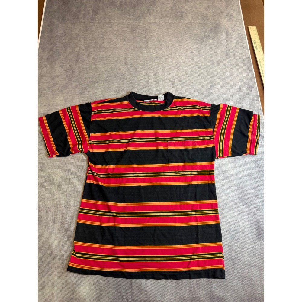 Impact Mens Striped Pocket T-Shirt Black Red Orange Yellow Vintage 90's Size M
